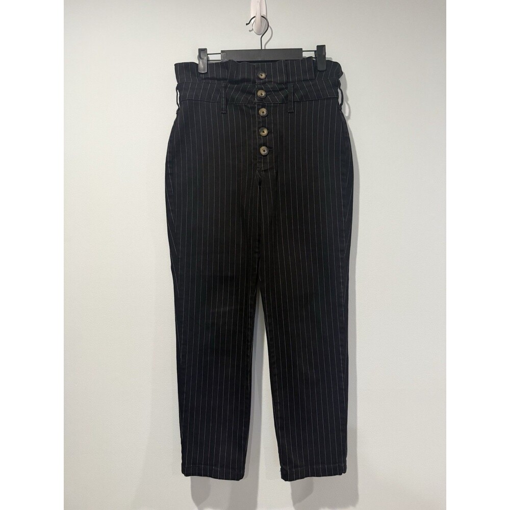 Free People Paperbag Pants Womens 8 Black Pinstripe Cotton Stretch Work Travel